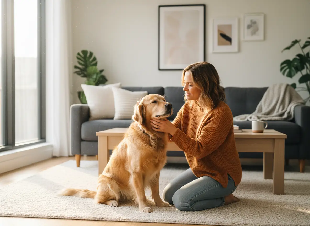 Photo réaliste d’un chien adulte assis au sol pendant que son maître est agenouillé à côté de lui dans un salon lumineux, ambiance chaleureuse, lumière naturelle entrant par la fenêtre, décoration intérieure moderne et confortable, moment tendre entre le chien et son propriétaire, style photographie professionnelle